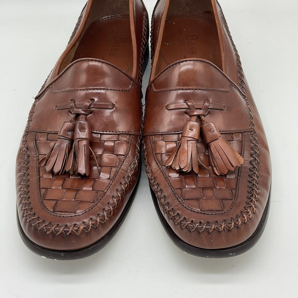 Bass Mens Bellagio Dress Loafers 10M Leather Brown Woven Tassel Slip On Shoes - Picture 6 of 13